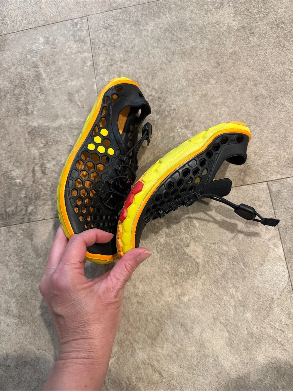 Vivobarefoot Black and Orange Water Shoes with Honeycomb Upper Size 6